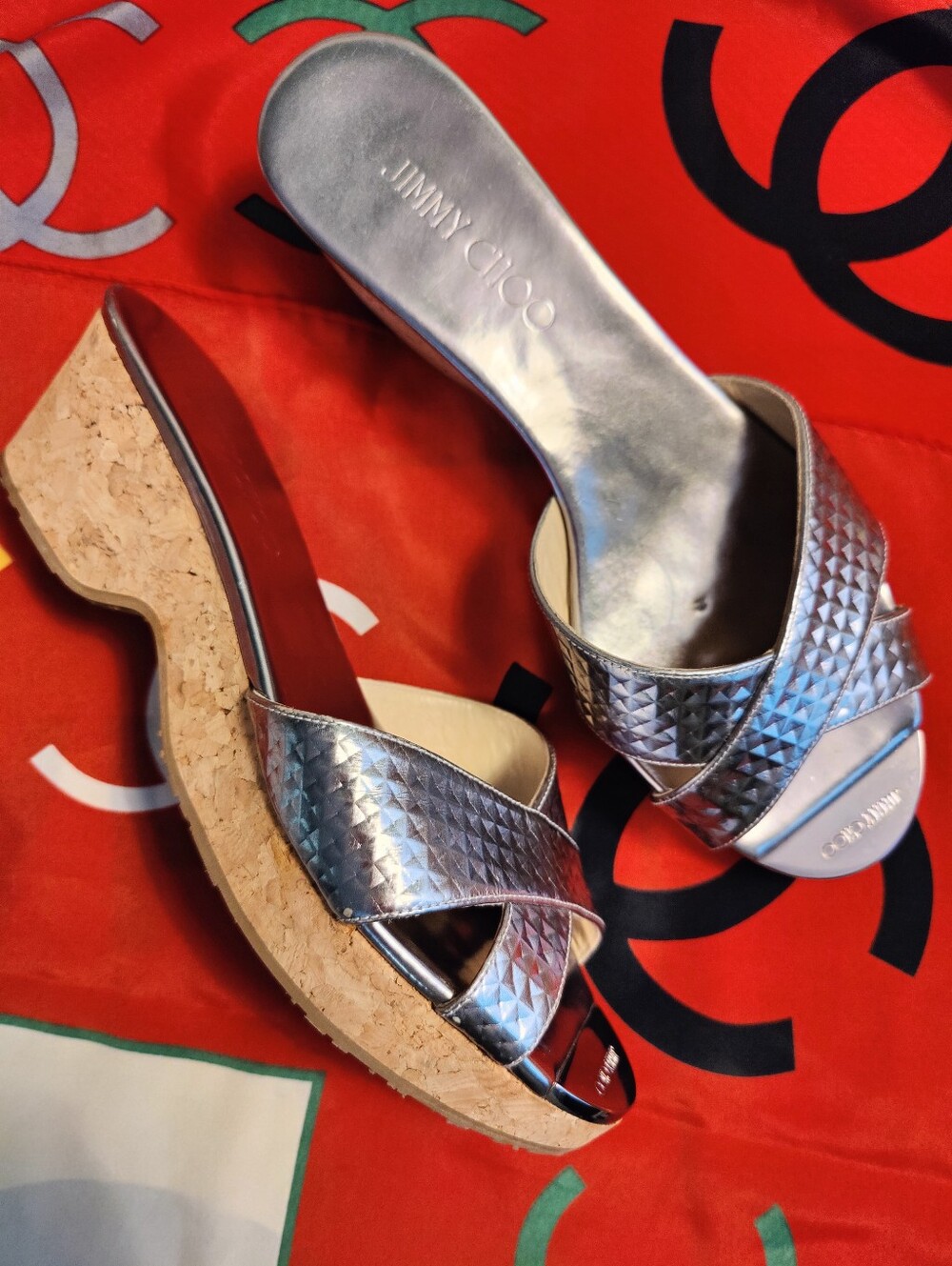 Jimmy Choo Metallic Silver Textured Leather Panna Cork Wedge Sandals Size 38
